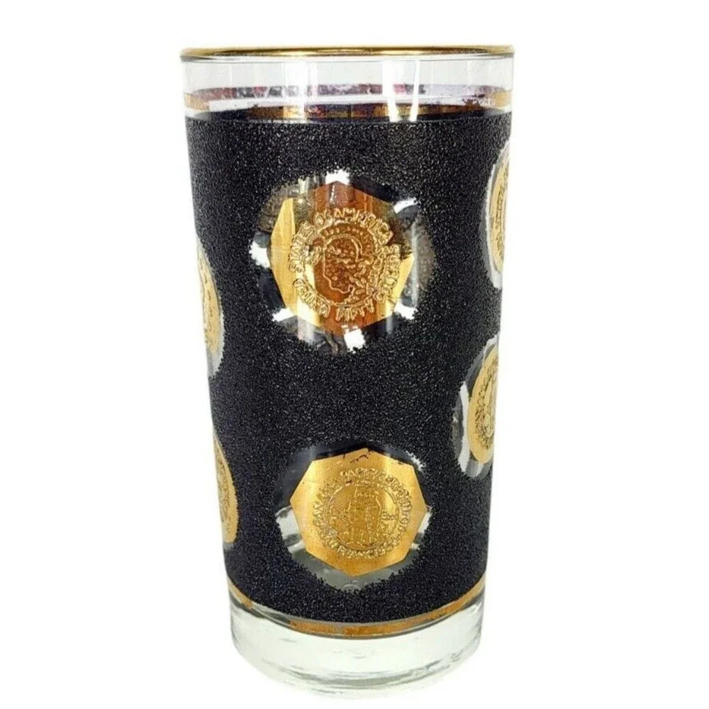 Vintage Libbey 60s MCM Black Gold Old World Coin Highball Tumbler Barware Glass